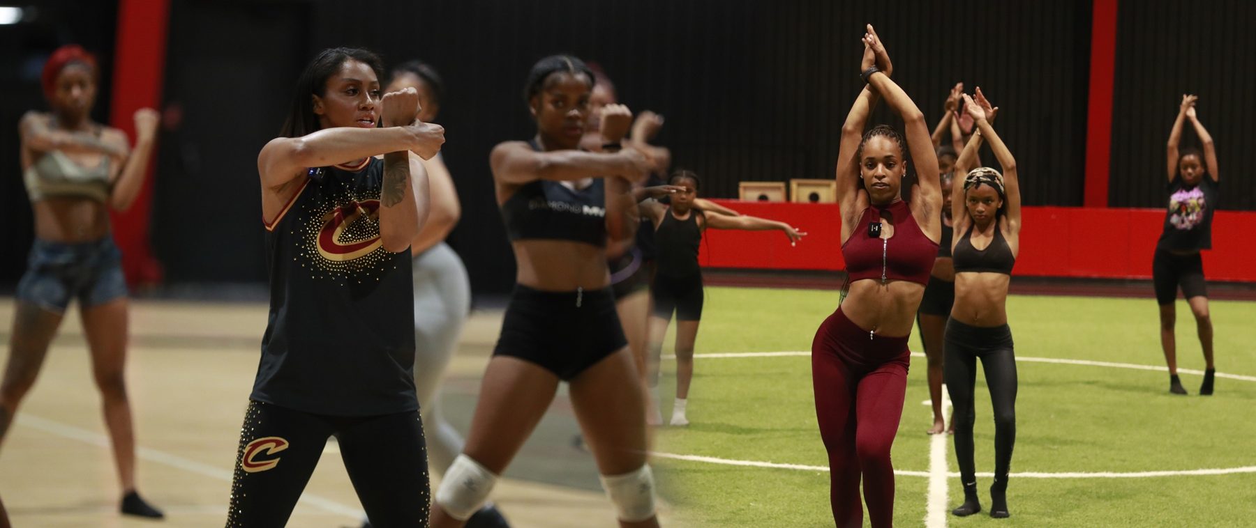 Dancers stretching and warming up together at camp
